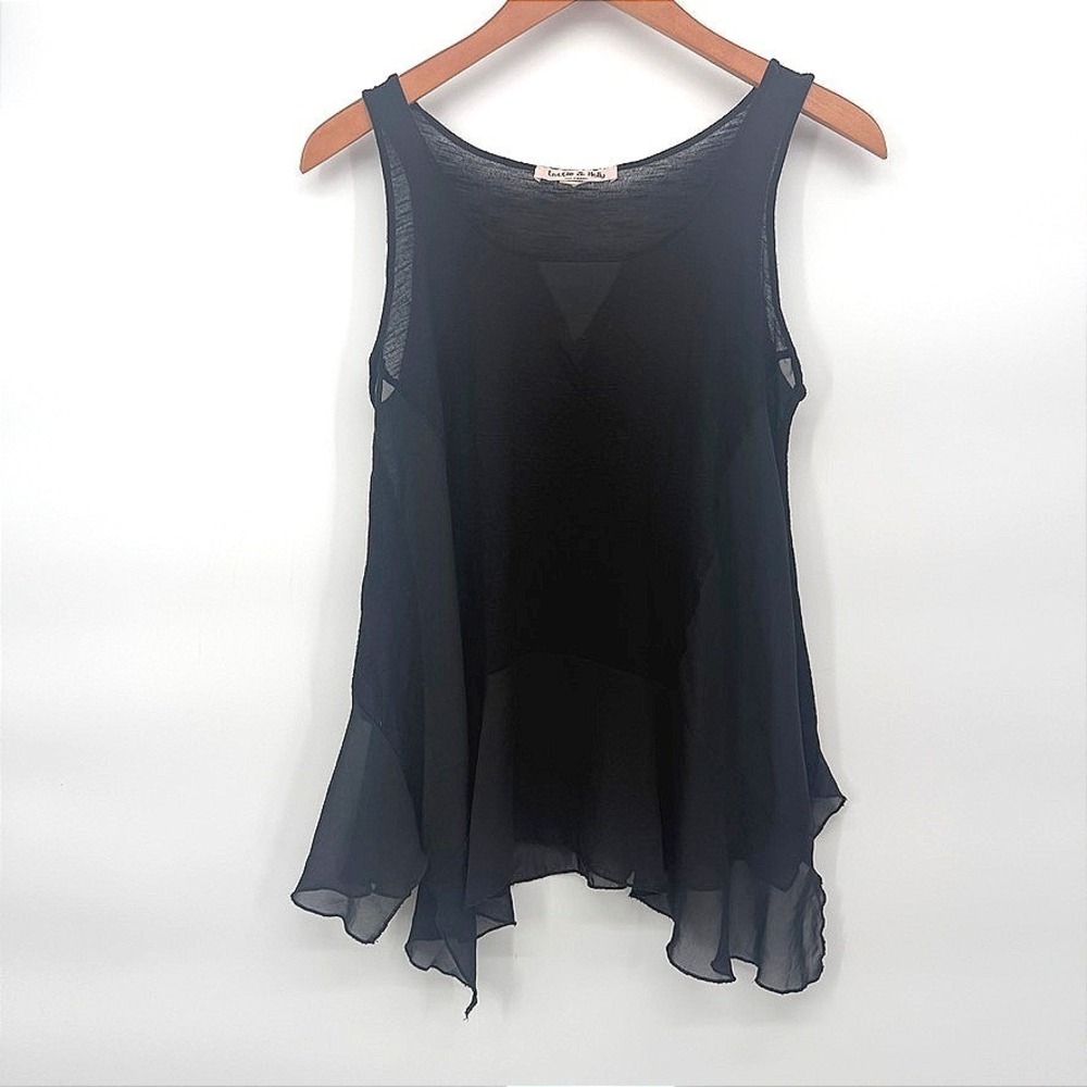 Lottie & Holly Tank Top Blouse Black Sheer Hem Flared Sleeveless Boho Small
